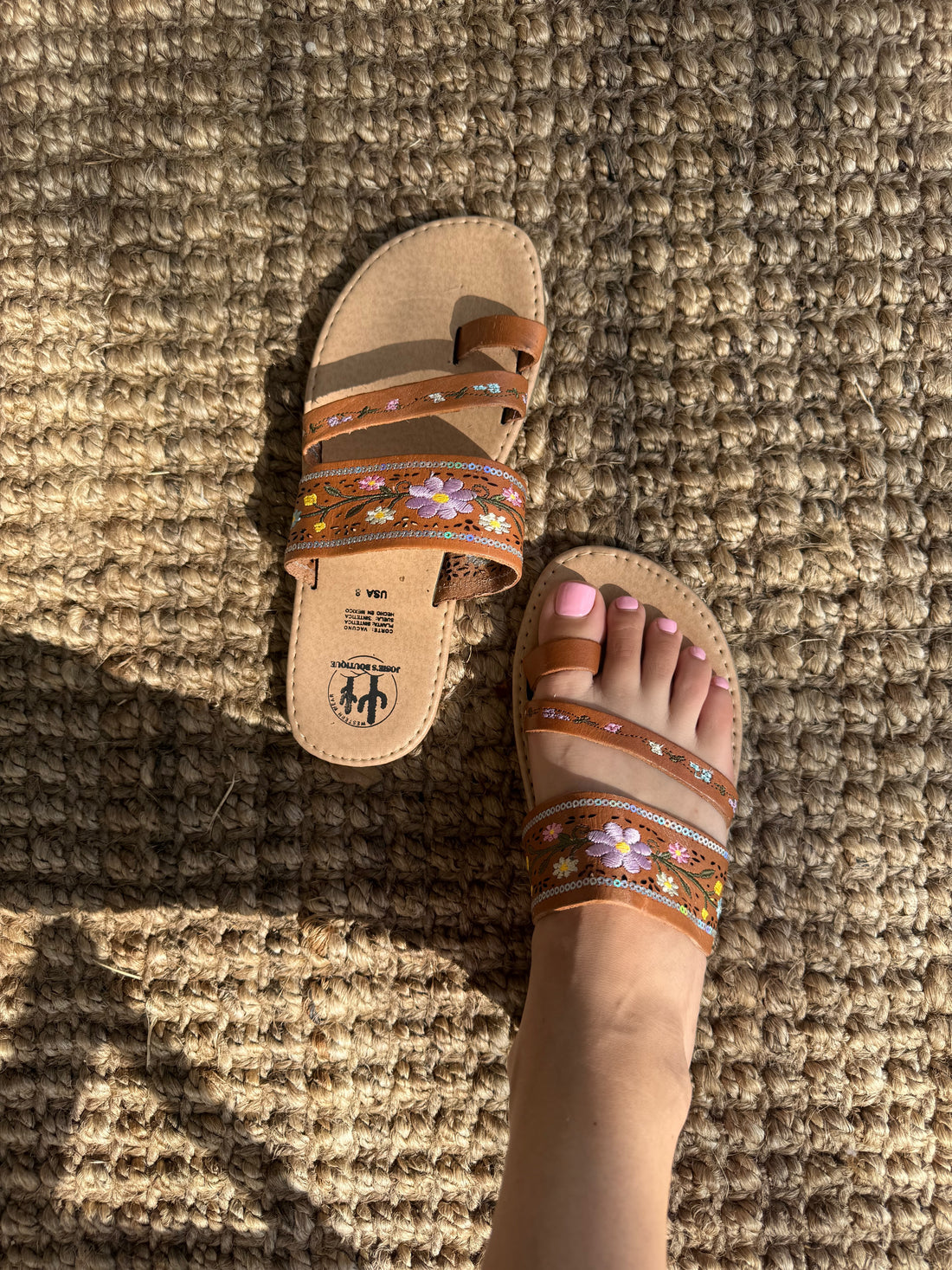 Florecita Huarache Sandals Handmade in Mexico Natural Leather with Floral Embellishments Comfortable Stretchable Design for Women