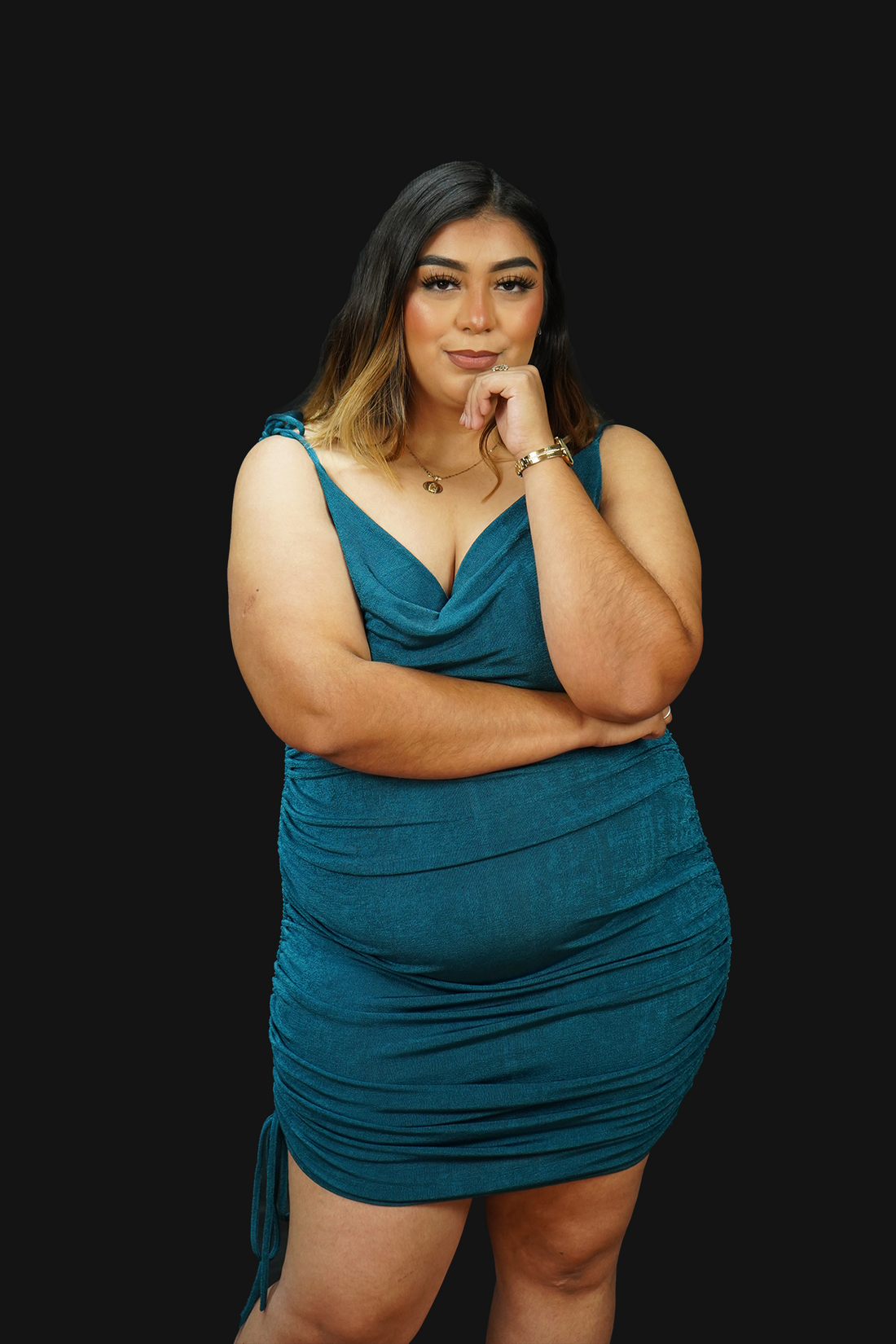 Fun Night Plus Size Slinky Tie Shoulder Ruched Dress