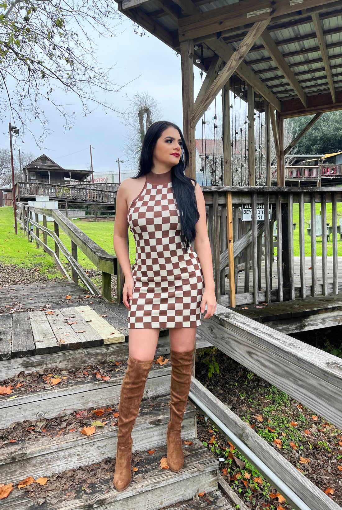 Jenna Checkerboard Halter Neck Knit Dress S Jenna Checkerboard Halter Neck Knit Dress S